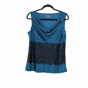 Classiques Enrier Teal Blue Blouse with Black Lace at Midriff. Size US Large